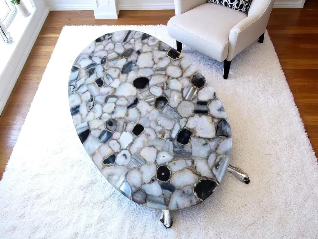 Luxury Oval Agate Dining Table – Natural White & Black Gemstone Finish